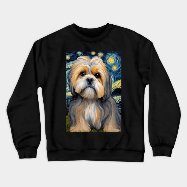 Lhasa Apso Dog Breed Painting in a Van Gogh Starry Night Art Style Crewneck Sweatshirt by Art-Jiyuu